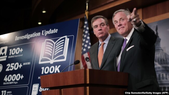 U.S. -- Senate Intelligence Committee Chairman Richard Burr (R-NC) (R) and committee Vice Chair Mark Warner (D-VA) hold a news conference on the status of the committee's inquiry into Russian interference in the 2016 presidential election at the U.S. Capitol.