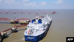 CHINA -- The Vladimir Rusanov, a liquefied natural gas (LNG) tanker ship, is seen following its arrival at the LNG terminal in Nantong city, eastern China's Jiangsu province, July 19, 2018