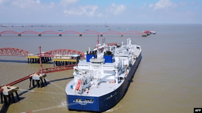 CHINA -- The Vladimir Rusanov, a liquefied natural gas (LNG) tanker ship, is seen following its arrival at the LNG terminal in Nantong city, eastern China's Jiangsu province, July 19, 2018