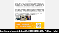 Screenshot of Sputnik story shared to Chinese social media site Weibo.cn.