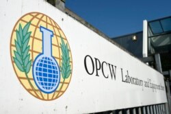 This picture taken on April 20, 2017 shows the entrance of OPCW (The Organization for the Prohibition of Chemical Weapons) in The Hague.