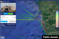 A screenshot of a live map via Marinetraffic.com placing USNS Yuma near the port of Poti, Georgia in the Black Sea