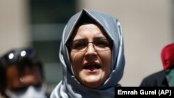Hatice Cengiz, the fiance of slain Saudi journalist Jamal Khashoggi, talks to the media in Istanbul on July 3, 2020.