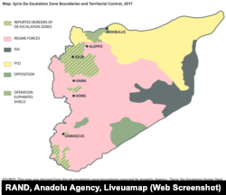De-escalation zone boundaries and territorial control in Syria, 2017.