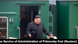 Russia — North Korean leader Kim Jong Un arriving at a railway station in Khasan, Vladivostok, April 24, 2019