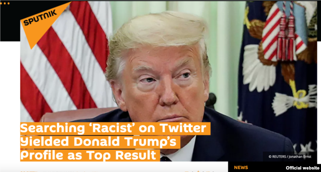 A screenshot of the Russian state-owned Sputnik news agency front page report on June 4, 2020.