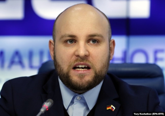 RUSSIA -- Markus Frohnmaier, member of the right-wing populist 'Alternative for Germany' (AfD) party in the German 'Bundestag' parliament, attends a news conference in Moscow, March 19, 2018