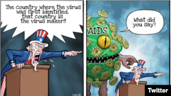 Screenshot of a cartoon tweeted by the CCP-run China Daily newspaper on August 12, 2021, which attempts to draw a connection between the AIDS bioweapon myth and the theory the virus which causes COVID-19 leaked from a lab in Wuhan, China. (China Daily)