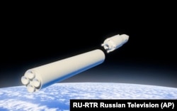 In this video grab provided by RU-RTR Russian television via AP television on Thursday, March 1, 2018, a computer simulation shows the Avangard hypersonic vehicle being released from booster rockets.