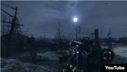 A screen capture from YouTube of the first-person shooter Metro Exodus, where players can obtain a so-called "Decommunization Achievement" by destroying a Statue of Lenin.