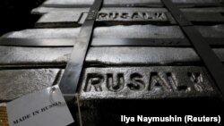 RUSSIA -- Aluminium ingots are seen stored at the foundry shop of the Rusal Krasnoyarsk aluminium smelter in Krasnoyarsk, Siberia, July 27, 2016