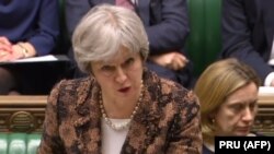 U.K. -- British Prime Minister Theresa May delivers a statement to members of parliament in the House of Commons on the nerve agent attack against Russian double agent Sergei Skripal in Salisbury last week, in London, March 12, 2018
