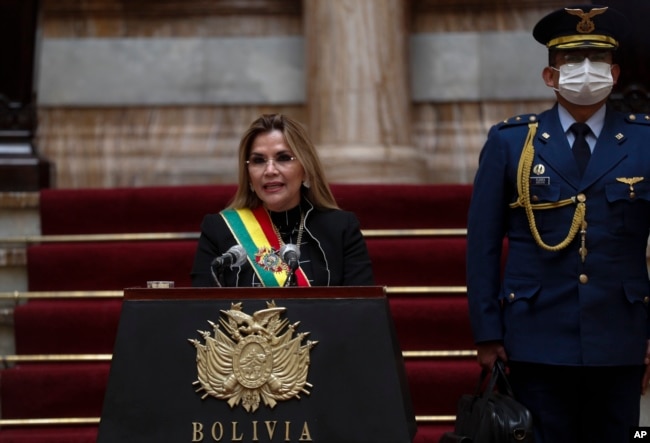 Bolivia's interim President Jeanine Anez speaks during an Independence Day event in La Paz, Bolivia, Thursday, Aug. 6, 2020.