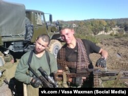 Vasily Kudrichev (r), Wagner PMC mercenary, who died in Syria, in Deir ez-Zor battle on February 7, 2018, pictured in Chechnya.