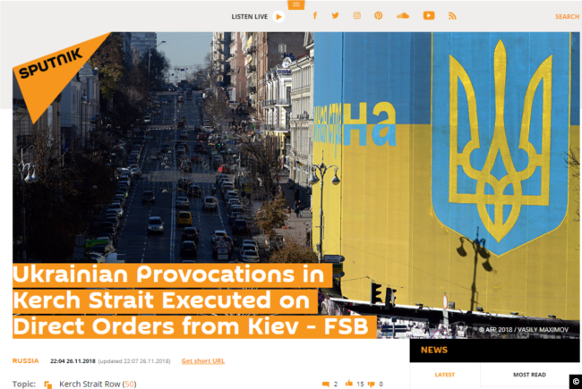 A screen capture from a Sputnik report amplifying the Ukrainian provocation narrative on November 26, 2018.