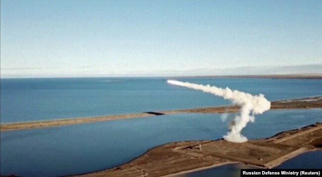A still image taken from a video footage and released by Russian Defence Ministry, shows the launch by Bastion coastal defence system of a supersonic anti-ship Oniks missile during tactical drills by North Navy Fleet at Kotelny Island in Laptev