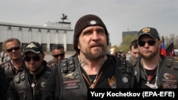 RUSSIA -- Leader of the Night Wolves Russian motorcycle club Aleksandr Zaldostanov aka "Khirurg" (Surgeon) speaks before the start of their motorcycle race from Moscow to Berlin 'Victory Roads to Berlin 2019' in Moscow, April 26, 2019