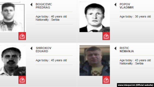 The Interpol images of Predrag Bogicevic, Vladimir Popov, Eduard Shirokov and Nemanja Ristic, suspects for the assassination attempt and coup in Montenegro in 2016, undated