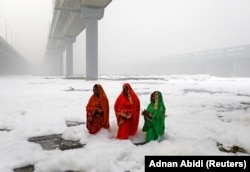 INDIA -- Hindu women worship the Sun god in the polluted waters of the river Yamuna during the Hindu religious festival of Chatth Puja in New Delhi, November 3, 2019
