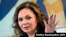 RUSSIA -- Russian lawyer Natalya Veselnitskaya speaks during an interview with The Associated Press in Moscow, April 22, 2018