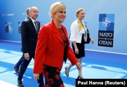 BELGIUM -- Croatia's President Kolinda Grabar-Kitarovic, Foreign Minister Marija Pejcinovic Buric and Defence Minister Damir Krsticevic arrive at the Alliance's headquarters ahead of the NATO summit in Brussels, Belgium July 11, 2018.