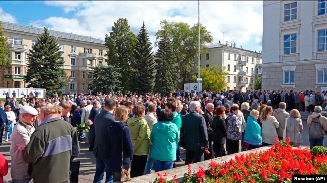 RUSSIA -- People gather for the funerals of five Russian nuclear engineers killed by a rocket explosion in Sarov, August 12, 2019