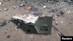 Part of what Ukraine identified as a Shahed-136 drone, which was shot down near the town of Kupiansk, in a photo released on September 13, 2022. (The Strategic Communications Directorate of the Ukrainian Armed Forces/via Reuters)