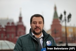 RUSSIA -- Italy's Northern League leader Matteo Salvini speaks to the media near Red Square outside the Kremlin in Moscow, November 18, 2016