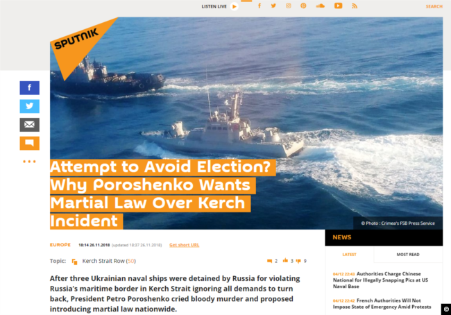 A screen capture taken from Sputnik News on Nocember 26, 2018 accusing Ukrainian President Petro Poroshenko of crying "bloody murder" over Russian actions in the Azov Sea.