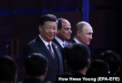 CHINA -- Chinese President Xi Jinping (L), Egyptian President Abdel Fattah al-Sisi (C) and Russian President Vladimir Putin attend the opening ceremony of the second Belt and Road Forum for International Cooperation in Beijing, April 26, 2019