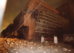 A view of the damaged Yugoslav Army headquarters after NATO carried out bombing raids in central Belgrade, Federal Republic of Yugoslavia, on April 30, 1999.