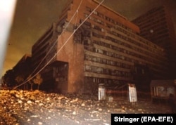 A view of the damaged Yugoslav Army headquarters after NATO carried out bombing raids in central Belgrade, Federal Republic of Yugoslavia, on April 30, 1999.