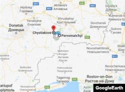 A screen shot from Google Maps showing the distance from Torez to Pervamaisoke, where MH17 was shot down.