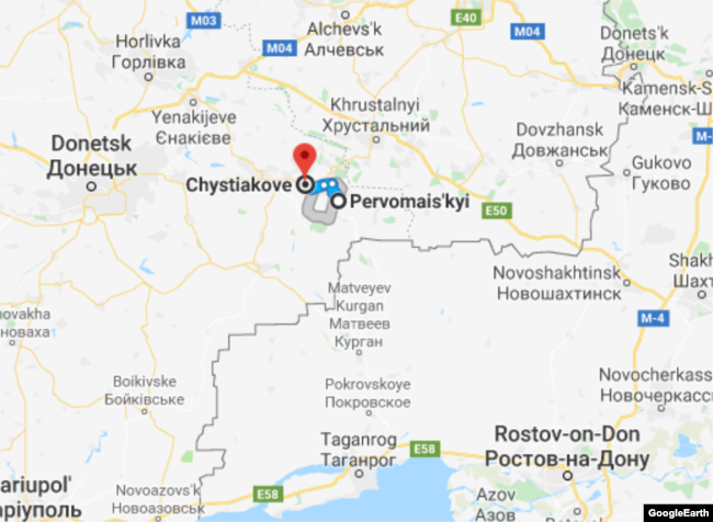 A screen shot from Google Maps showing the distance from Torez to Pervamaisoke, where MH17 was shot down.