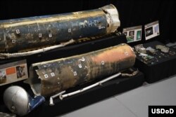 Remains of Iranian Qjam ballistic missiles and guidance components are part of the Iranian Materiel Display at Joint Base Anacostia-Bolling in Washington, D.C.