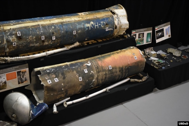 Remains of Iranian Qjam ballistic missiles and guidance components are part of the Iranian Materiel Display at Joint Base Anacostia-Bolling in Washington, D.C.