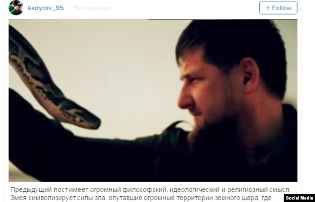 Chechen leader Ramzan Kadyrov (right) grapples with a snake in a screen grab from a video he posted on Instagram.