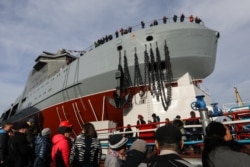The Ivan Papanin patrol icebreaker of the Project 23550 at launching ceremony at the Admiralty Shipyard in St. Petersburg Russia on October 25, 2019.