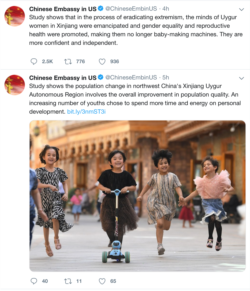 A screen capture from Wayback Machine showing a tweet of Chinese Embassy in U.S. on January 7, 2021, claiming Uighur women in Xinjiang, China had been "emancipated" from being "baby-making machines."