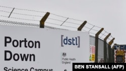U.K. -- This file photo, taken on March 19, 2018, shows the entrance to the Porton Down science park that houses the Ministry of Defence's Science and Technology Laboratory in the village of Porton, near Salisbury, in southern England