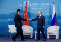 Russian President Vladimir Putin shakes hands with Li Zhanshu, Chairman of the Standing Committee of the National People's Congress of China, during a meeting on the sidelines of the 2022 Eastern Economic Forum (EEF) in Vladivostok on September 7, 2022. (Reuters)