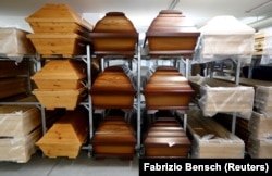 Empty coffins are pictured at Grieneisen Bestattungen funeral home, as the outbreak of coronavirus disease (COVID-19) continues in Berlin, Germany, November 10, 2020.