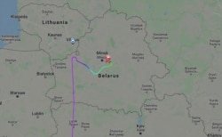 Flight radar tracker showing the flight path of the Ryanair plane as it was turned around and redirected to Minsk.