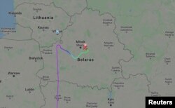 Flight radar tracker showing the flight path of the Ryanair plane as it was turned around and redirected to Minsk.