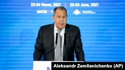 RUSSIA -- Russian Foreign Minister Sergey Lavrov delivers his speech at the IX Moscow conference on international security in Moscow, June 24, 2021.